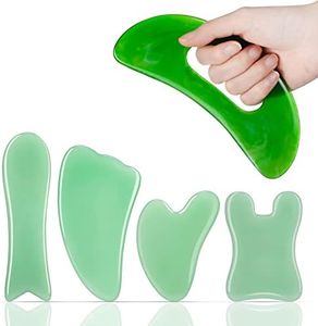 Treela 5 Pcs Gua Sha Massage Facial Tool Set and 1 Pcs Body Gua Sha Massage Tool with Handle, Guasha Massager Kit for Face Back Neck Leg Body Scraping Massage Board Guasha Comb (Green,Jade, Resin)