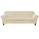 SYLC 4 Pieces Sofa Slipcover Stretch Velvet, Sofa Cover 3 Seater with 3 Separate Seat Cushion Covers, Couch Furniture Protector Collection Split Set (Beige)