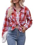 Womens Plaid Shirt Ladies Button Down Shirts Long Sleeve Oversize Boyfriend Casual Checked Shirt with Pocket L Red