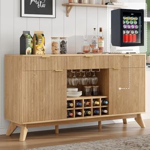 LUXOAK 60" Coffee Bar Cabinet with Fridge (Included), Fluted Wine Bar Cabinet with Wine Rack and Glass Holder, Buffet Sideboard Table for Home with 3 Drawer & Storage, Natural Oak