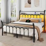 Rolanstar Queen Bed Frame with USB Charging Station, LED Bed Frame with Storage Headboard, 14 Inch Black Metal Platform Bed with Sleigh Headboard and Footboard, No Box Spring Needed, Noise Free