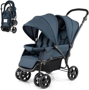COSTWAY Poussette Tandem Double Pliable avec Auvent & Dossier Réglable, Poussette Landau Bébé avec Ceinture de Sécurité, Roues Verrouillables avec Freins, Pliable à une Main, Charge 30kg (Bleu)