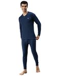 Lux Cottswool Men's Cotton Thermal Set (COTT_Blue_FS_Vneck_TRO_Set_L-90)