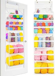 Hanging Yarn Storage Organizer - Knitting Organizer Storage with 5 Yarn Balls Storage Pockets & 3 Top Crochet/Knitting Needles Pockets, Large Capacity Over the Door Hanging Yarn Holder(Clear White)