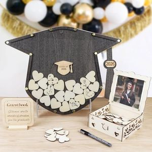 OurWarm Graduation Guest Book Alternative, Wooden Drop Top Frame Guest Book with Stand, Plywood Box, and 60 Wooden Hearts, Perfect Graduation Party Decoration for College, High School, Class of 2026
