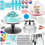 Cake Decorating Supplies with Aluminum Alloy Revolving Cake Stand, Cake Carrier, Acrylic Round Cake Discs, 268PCS Cake Decorating Kit with 54 Piping Tips, Various Cake Spatula, Reuseable Cake Board