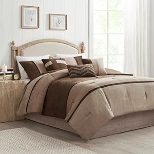 Madison Park Palisades Comforter Set Modern Faux Suede Pieced Stripe Design, All Season Down Alternative Cozy Bedding with Matching Shams, Decorative Pillows, King(104"x92"), Brown 7 Piece