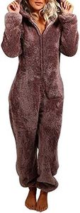 MUMUBREAL Womens Fleece Onesies Pajamas Jumpsuit Warm Sherpa Romper Sleepwear One Piece Zipper Hooded Playsuit Loungewear(Brown,M)