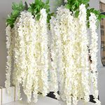 TREEWING Silk 10Pcs Decorative Wisteria Plant Garland Vine Creeper For Hanging With Artificial Leaves 110Cm Long Garland For Christmas Decoration, Party, Home, Wedding, Festivals, Diwali (White)