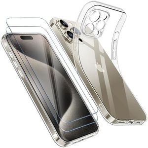 Qasyfanc Funda Compatible con iPhone 15 Pro Carcasa con Protección de La Cámara y 2 Piezas Cristal Templado, Funda iPhone 15 Pro Silicona Suave Caso Delgada, Transparent