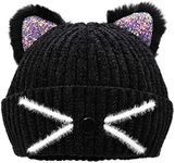 Bellady Mother Children Sequin Cat Ears Hats Warm Knit Crochet Beanies Cute Fashion Skull Cap,Adult_Black