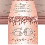 Happy 60th Birthday Table Runner Rose Gold 60th Birthday Table Runner for Women Her 60 Years Old Birthday Celebration Party Decorations Non-Slip Dining Table Linen Cover Cloth Decor, 180x35cm Long