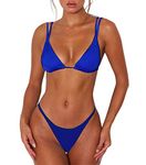 ForBeautyShe Women's Sexy Thong Bottom Two Piece Bikini Double Shoulder Straps Cute Swimsuit Triangle Bathing, Blue, Small