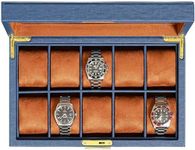 ROTHWELL 10 Slot Leather Watch Box - Luxury Watch Case Display Jewelry Organizer - Locking Watch Display Case Holder with Large Glass Top - Watch Box Organizer for Men and Women (Blue/Tan)