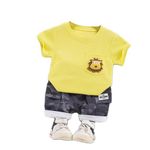 Bold N Elegant Furious Lion 3D Soft Plush Patch Attach Half Sleeve Tshirt with Camouflage Shorts Knicker Summer Clothes Dress for Infant Toddler Kids (6-12 Months, Sunshine Yellow)