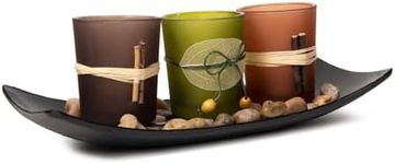 Dawhud Direct Decorative Votive Candle Holders, Vintage Decor Flameless Candlescape Set, 3 LED Tea Light Candles, Rocks aund Tray (Earth Tones)