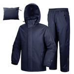 33,000ft Mens Rain Suit with Hideaway Hood Waterproof Rain Gear (Jackets and Pants), Navy, Large