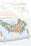 Words 'n' Wishes 'Grandson & Wife' Wedding Day Congratulations Card - Wedding Car & Flowers Embossed with Foil - Eco-Friendly - Made in Great Britain