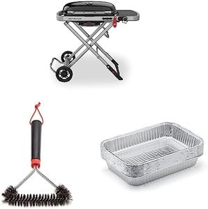 Weber Traveler Portable Gas Grill, Black & 12" Three-Sided Grill Brush & Aluminum Drip Pans, 5 x 1.4 x 7.5 Inches, Set of 10