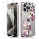 GVIEWIN Case Compatible with iPhone 15 Pro 6.1" 2023, with Screen Protector+Camera Lens Protector,Non-yellow Flower Clear PC Slim Shockproof Anti-Scratch Protective Cover, Cherry Blossoms/Purple