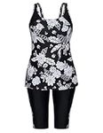 Hanna Nikole Womens Tankini Sets with Shorts Flattering Ruffle A-line Swing Top with Shorts Athletic Swimsuit Rose Black & White Flowers,24