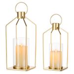 NUPTIO Gold Lanterns Decorative Indoor: 2 Set of Hanging Metal Candle Lantern with Bottomless Hurricane Glass for Wedding Home Front Porch Outdoor Living Room Fireplace Christmas Table Centerpiece