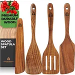 Wooden Spatula for Cooking, Kitchen Set of 4, Kitchen Gifts for Mom, Natural Teak Wooden Utensils including Paddle, Turner Spatula, Slotted Spatula and Wood Scraper. Nonstick cookware.