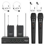 Wireless Microphone System, Phenyx Pro 4-Channel VHF Wireless Microphone Set with 2 Handhelds/2 Bodypacks/2 Lapels/ 2 Headset, Metal Receiver, Suitable for Church, Meeting, Conference(PTV-2000B)