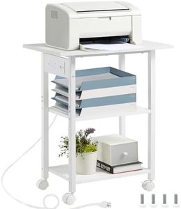 Lerliuo 3-Tier Printer Stand with Charging Station, Industrial Mobile Printer Table with Storage Shelf and Steel Frame, Rolling Printer Cart Holder with Lockable Wheels for Home, Office (White)
