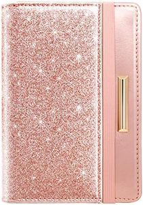 Passport Holder Cover Travel RFID Blocking Passport Cover Rose Gold Cute Flowers Passport Wallet with Elastic Band for Women, Glitter, Casual