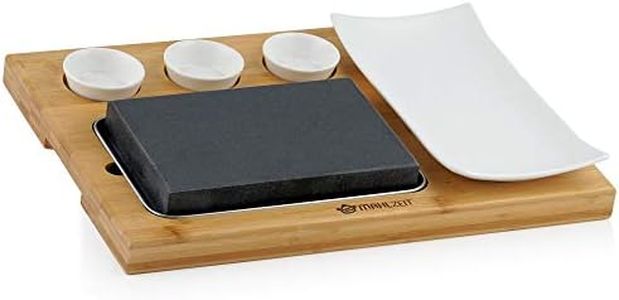 Mahlzeit Set pierre de lave | Set avec pierre chaude, assiette et planche en bois de bambou pratique | Steak Stone, pierre chaude steak, pierre à griller (Modèle 2-7 pièces)