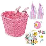 Flintronic Kids Bike Basket Handwoven Cycle Basket for Kids, Bicycle Basket For Girls Boys Childs, with Bike Accessories - Pink