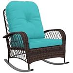 Outsunny Rattan Rocking Chair, Outdoor Wicker Patio Rocker Chair Furniture with Thick Cushions, for Garden Backyard Porch, Turquoise