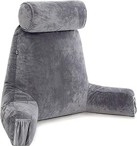 Husband Pillow Medium Dark Grey, Backrest for Kids, Teens, Petite Adults - Reading Pillows with Arms, Adjustable Loft, Plush Memory Foam, Bed Rest Chair Sitting Up, Detach Neck Roll, Removable Cover