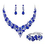 BriLove Bridal Jewellery Set for Wedding Women Austrian Crystal Teardrop Cluster Statement Necklace Dangle Earrings Link Bracelet Set Royal Blue Silver-Tone