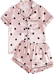 LYANER Women's Striped Silky Satin Pajamas Short Sleeve Top with Shorts Sleepwear PJ Set, Dots Pink, X-Small