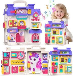 Nicella Busy Board for 1 Year Old Girl Gifts, Montessori Toys for 1 2 Year Old - 56+ Activities Bilingual Music Learning Sensory Toys for Toddlers 1-3 - Birthday Gift for 1+ Year Old Girl Boy