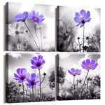 Wall Art for Living Room Black and White Purple Flower Canvas Wall Decor for Home Decor Artwork Painting 12" x 12" 4 Pieces Canvas Print for Bedroom Decor Modern Salon Kitchen Still Life Painting