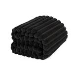 OHS Faux Fur Ribbed Throw Blanket for Sofa, Super Soft Cosy Warm Winter Thick Fleece Blanket for Bed Decorative Fluffy Double Bed Throws Over Sofas Couch, Black - 150 x 200cm