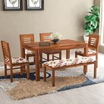 Ramdoot Furniture Jacquard Wooden Dining Table 6 Seater | Dining Table, 4 Chairs & 1 Bench with Flower Printed Cushion, Solid Wood Sheesham, Honey Finish