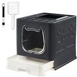 Suhaco Foldable Cat Litter Box with Lid Covered Top Entry Kitty Litter Tray, Enclosed Kitten Litter Pan Drawer Type Litter Box for Small and Medium Cats with Litter Scoop & 2-1 Cleaning Brush (Black)