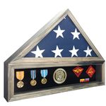 Medal Awards Rack Military Shadow Box Display Case for Funeral Burial Flag for American Veterans Fits Folded 5x9.5’ Flag, Medals, Pins, Patches. Real Glass and New Zealand Pine Frame. (Rustic)