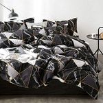 Cottonight Black Comforter Set Golden Geometric Lines Black Marble Printed Microfiber Queen Size with 2 Matching Pillowcase for Boy Girl Adult