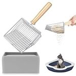 JUXINE Cat Litter Scoop with Holder, Metal Cat Litter Scooper, Heavy Duty and Easy Clean,Fast Sifting Non-Stick Cat Poop Sifting with Container to Store cat Scooper