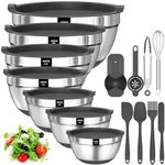 AIKKIL Mixing Bowls with Airtight Lids, 20 Piece Stainless Steel Metal Nesting Bowls, Non-Slip Silicone Bottom, Size 7, 3.5, 2.5, 2.0,1.5, 1,0.67QT Great for Mixing, Baking, Serving (Grey)