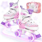 UEAKPIC Kid Roller Skates for Girls Ages 3-5-8-12 | Safe Adjustable Toddler Rollerskates with 8 Light Up Wheels for Youth and Beginners | Pink Quad Roller Skate Indoor Size 9C 10C 11C 12C 13C 1 2 3 4