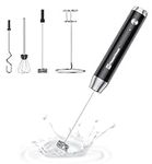 Maestri House Rechargeable Milk Frother with 3 Heads, Handheld Electric Foam Maker Waterproof Detachable Stainless Steel Whisk Drink Mixer Foamer with Stand for Lattes, Cappuccino, Egg (Black)