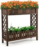 Costway 2 Tier Wooden Raised Garden Bed, Elevated Planter Bed w/Storage Shelf & Fence, Standing Plant Container Box w/Trellis, Outdoor Vegetable Growing Bed for Balcony, Garden, Yard, Patio