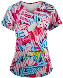 Scrubs for Women Set Nurse Gifts Printed Scrub Tops Women V Neck Short Sleeve Nursing Tops with Pockets Pink XXL