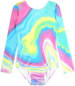 HOZIY Girls Gymnastics Leotards 6-7 7-8 Years Long Sleeve Gymnastic Tumbling Outfits Toddlers Kids Child Sparkly Watercolor Liquid Swirl Rainbow